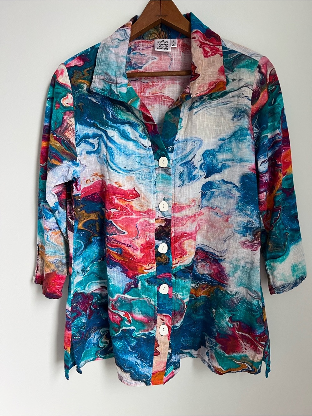 Parsley & Sage | Button-Front Abstract Swirl Shirt Blue Teal Pink & Coral Size L